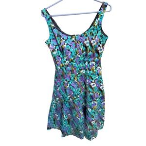 Jones Wear Dress Teal Floral Short Size 8 Watercolor Art